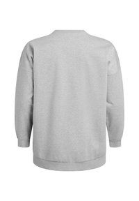 Grey sweatshirt made of cotton blend material, featuring a round neckline, long sleeves, and a relaxed fit. Back view displays smooth texture.