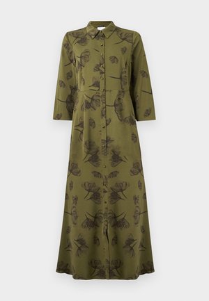 Vestido maxi verde-azeitona de manga longa com estampa floral preta, frente com botões e gola.