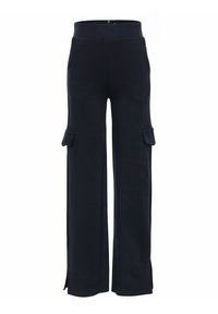 Marineblauwe wijde broek gemaakt van een zachte stof, met zijcargo zakken en zijslits voor extra detail en comfort.