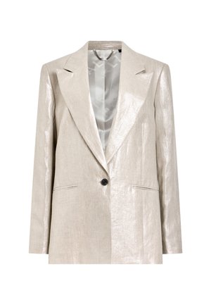 Ljusbeige blazer med en glänsande yta, enkel svart knappstängning, slagkrage och två frampockets. Fodrad insida synlig.