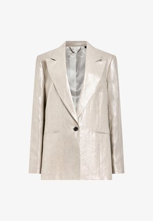 Blazer beige clair avec une texture brillante, fermeture à un seul bouton noir, revers à cran et deux poches avant. Intérieur doublé visible.