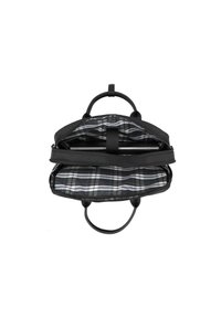 Bolso negro con doble asa, cierres de cremallera y un interior a cuadros. Presenta un diseño estructurado y compartimentos para la organización.
