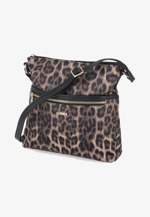Sac bandoulière à imprimé léopard avec sangle noire réglable, poche avant zippée avec fermeture éclair dorée et logo "LCREDI" en lettres dorées.
