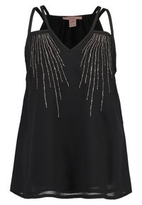 Black sleeveless top with V-neck, featuring vertical bead embellishments. Smooth fabric with adjustable straps and a relaxed fit.