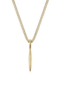 Goldkette mit einem dünnen, länglichen Anhänger. Die Kette weist ein strukturiertes Glieddesign auf, das ihren overall Glanz und Eleganz verstärkt.