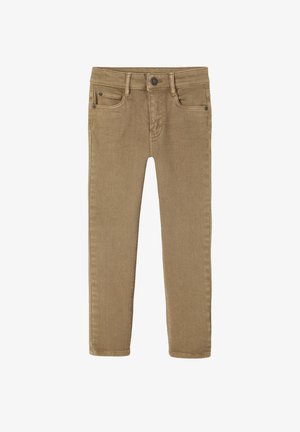 Braune Denim-Hosen mit geradem Bein, Frontknopf, Reißverschluss, Gürtelschlaufen und fünf Taschen.