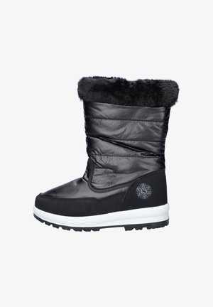 Bottes d'hiver noires avec une texture matelassée, un col en fausse fourrure et une semelle en caoutchouc blanche. Dotées d'un logo sur le côté et d'un design épuré.