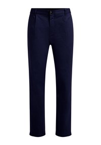 Pantaloni din bumbac de culoare bleu marin, cu croi drept, care prezintă închidere cu button, pliseuri în față și buzunare laterale. Textură netedă, fără modele.
