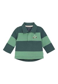 Zielona, długosleeve polo z poziomymi paskami w różnych odcieniach, kołnierzykiem i haftem skutera na klatce piersiowej.