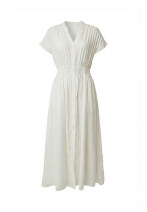 Robe midi blanche boutonnée avec manches courtes, taille froncée et col en V.