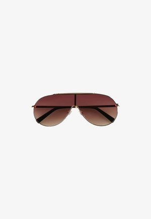 Occhiali da sole aviator con gradiente marrone, montatura sottile in metallo dorato e doppio ponte, mostrati su sfondo bianco.