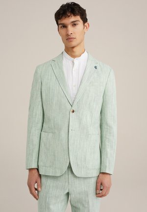 Blazer in lino verde chiaro con un motivo a strisce testurizzato, rever a scollo, due tasche frontali, chiusura a un bottone e un sottile accento blu.