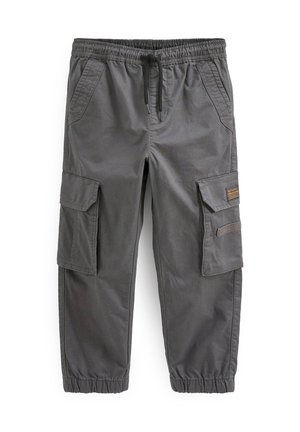 Graue Cargo-Hosen aus robustem Stoff, mit einem elastischen Bund und Kordelzug, mehreren Seitentaschen und elastischen Bündchen an den Knöcheln.