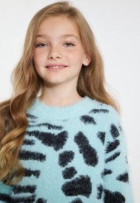 Maglione fuzzy azzurro chiaro con un audace motivo a stampa animale nera. Realizzato in materiale morbido, con scollo rotondo e maniche lunghe.