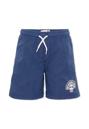 Costume da bagno blu navy con coulisse bianca e patch con logo Timberland sulla gamba sinistra.