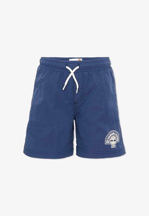 Marineblauwe zwembroek met witte trekkoord en Timberland-logo op linkerpijp.