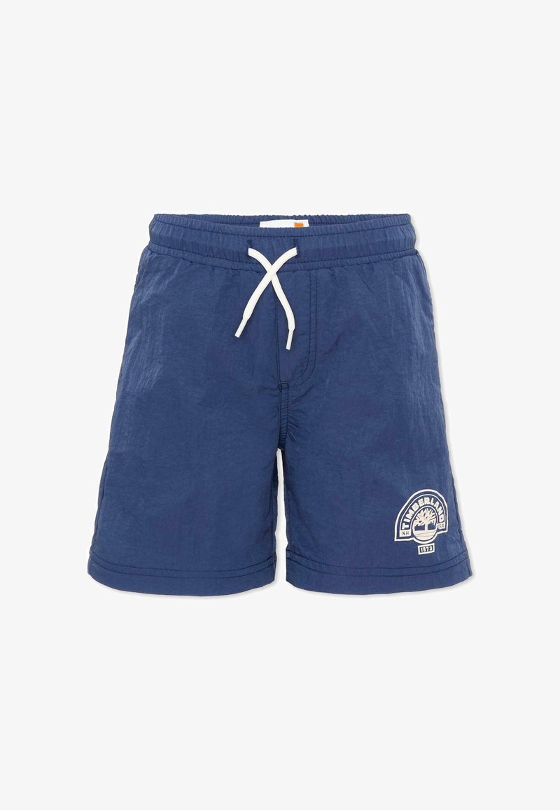 Short de bain bleu marine avec cordon blanc et écusson logo Timberland sur la jambe gauche.