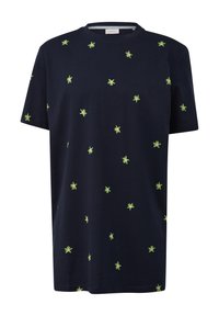 Marineblauwe t-shirt van zachte stof met verspreide lichtgroene palmboom borduursels. Ronde hals en korte mouwen. Normale pasvorm.