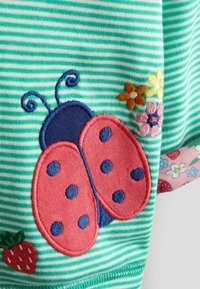 Zaļi un balti svītrains audums ar izšūtu sarkanu sirmgalvīti, ziediem un nelielu zemeņu detaļu uz apģērba.