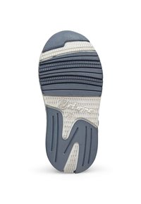 Suola di scarpa con una superficie in gomma bianca texturizzata e un design a pattern blu-grigio, che include scanalature e linee per una migliore aderenza.