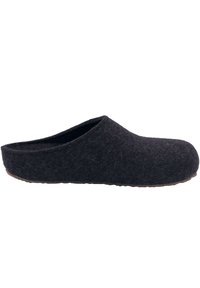 Black felt slipper with an open back, rounded toe, and textured upper. Features a durable sole for indoor use. Soft, comfortable design.