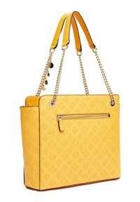 Gele textuurtas met kettingbanden. Voorzien van een buitenzak met rits en logo's die in het oppervlak zijn geperst. Gladde afwerking.