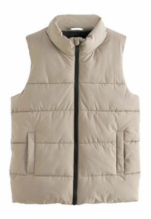 Veste matelassée beige sans manches avec col montant, fermeture éclair centrale noire et deux poches avant.