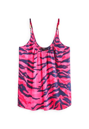 Rosa und marineblaue ärmellose Bluse mit gerafftem Ausschnitt, die ein Tigerstreifenmuster aufweist und verstellbare Träger mit goldenen Akzenten hat.