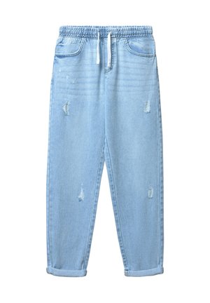 Pantaloni in denim blu chiaro con vita elasticizzata, cordoncino e dettagli strappati. Vestibilità ampia con risvolti alle caviglie.