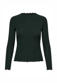 Ciemnozielony, prążkowany, długi rękaw top o dopasowanym kroju, z falbankowym dekoltem i dołem, wykonany z miękkiego dzianinowego materiału.