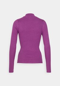 Purple ribbed long-sleeve sweater with a high neckline, fitted waist, and a slightly shorter hem at the back.
