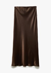 Gonna in satin marrone con una texture liscia, design lungo fino al pavimento e una silhouette dritta. Nessun motivo aggiuntivo o dettagli hardware visibili.