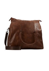 Braune Ledertasche mit strukturierter Oberfläche, ausgestattet mit zwei Griffen und einem abnehmbaren Schultergurt. Reißverschluss oben.