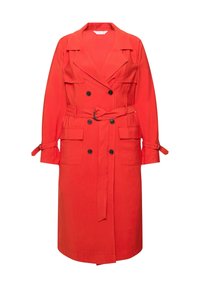 Rode trenchcoat van lichtgewicht stof, met een dubbelzijdige sluiting aan de voorkant, grote zakken, een tailleband en verstelbare mouwstrikken.