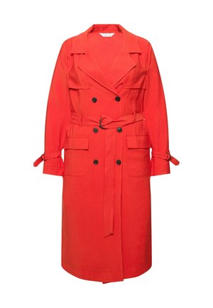 Rode trenchcoat van lichtgewicht stof, met een dubbelzijdige sluiting aan de voorkant, grote zakken, een tailleband en verstelbare mouwstrikken.