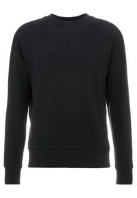 Sudadera negra hecha de tela suave, con mangas largas, cuello redondo, puños de canalé y un diseño simple y sin adornos.