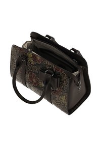Sac à main en cuir embossé floral avec double poignée, fermeture éclair et intérieur spacieux avec une doublure à motifs. Couleurs : marron foncé et vert.