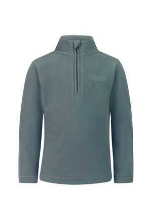 Grijze fleece-pullover met lange mouwen, een kwart rits en een hoge kraag, met subtiele merktekst op de linkerborst.