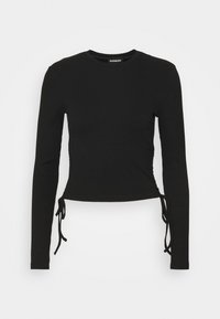 Svart långärmad topp i ribbat tyg. Har rundad halsringning och dragsko accenter vid sidorna för justerbar passform.