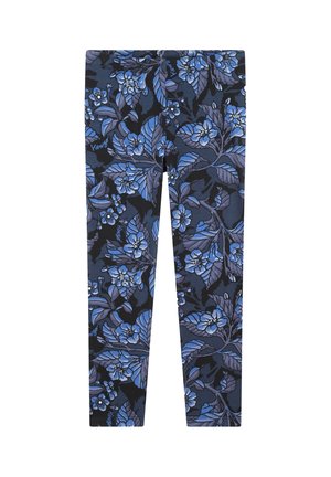 Zwarte legging met een bloemenpatroon in blauwe en grijze tinten, met bladeren en bloemen. Zacht, rekbaar materiaal voor comfort.