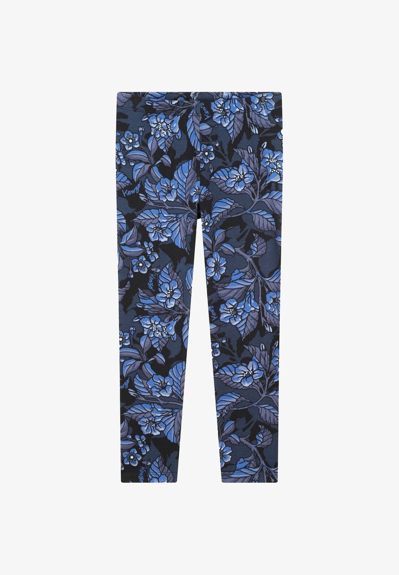 Leggings noirs avec un motif floral dans des teintes de bleu et de gris, comprenant des feuilles et des fleurs. Matériau doux et extensible pour le confort.