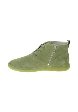 Green suede ankle boot with side zipper, round toe, lace-up front, and matching translucent sole.