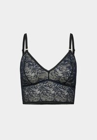 Marineblaue Spitze Bralette mit floralem Design, verstellbaren Trägern und gewellten Kanten. Weicher Stoff mit transparenter Optik. Goldene Hardware-Details.