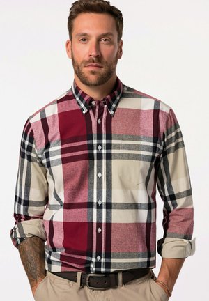 Karoshemd in Rot, Grau, Schwarz und Beige. Mit einem Button-Down-Kragen, langen Ärmeln und einer Brusttasche. Aus Baumwollmaterial.