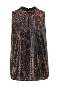 Top noir sans manches recouvert de rangées verticales de petits sequins bronze et argent, avec un col rond haut et une fermeture éclair devant.