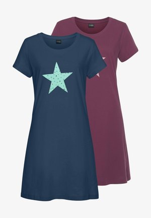 Two short-sleeve dresses: one navy blue with a light blue star pattern, the other maroon with a small pink star print. Made from cotton.