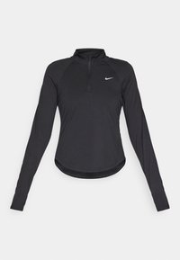 Black long-sleeve athletic top with a quarter-zip collar, featuring a stretchy fabric, round hem, and a small white Nike logo on the chest.