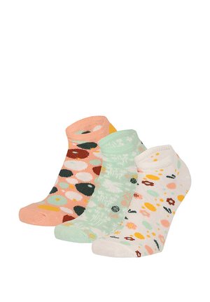 Drei Paar Knöchelsocken mit bunten abstrakten Punktemustern in Pfirsich-, Minzgrün- und Weißtönen.