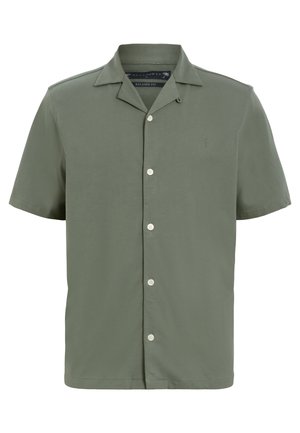 Short-sleeve shirt in olive green, made from smooth fabric. Features a button front, notched collar, and small logo embroidery on the chest.