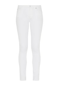 Jeans skinny in denim bianco con una texture liscia, design a cinque tasche, chiusura anteriore con bottone e passanti per cintura. Presenta una silhouette aderente.